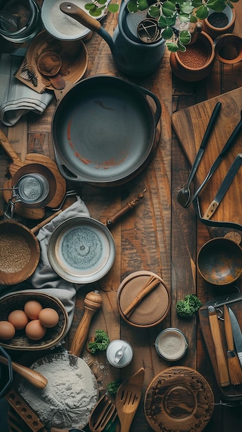 Stół z potrawami i akcesoriami kuchennymi